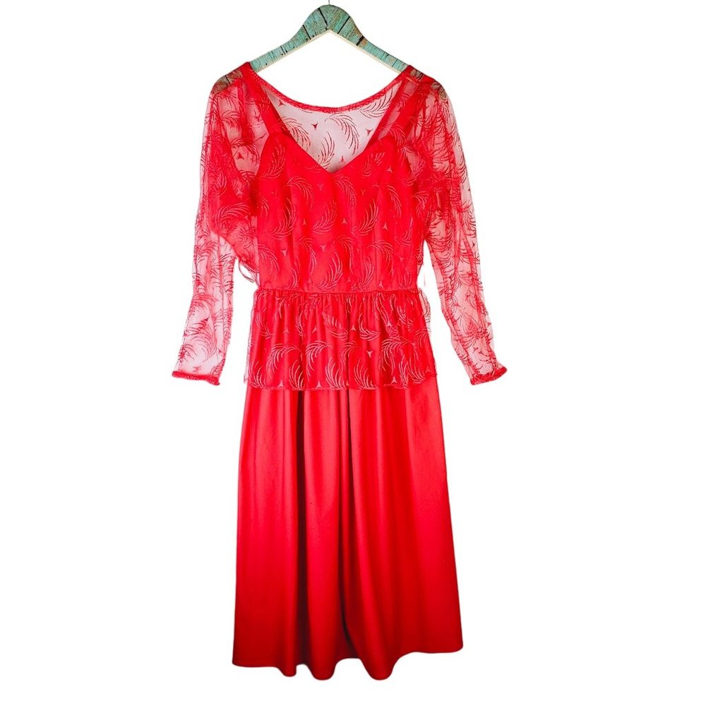 Vintage Red Sheer Embroidered Mesh Sweetheart Neckline Peplum Hem Midi Dress, 10